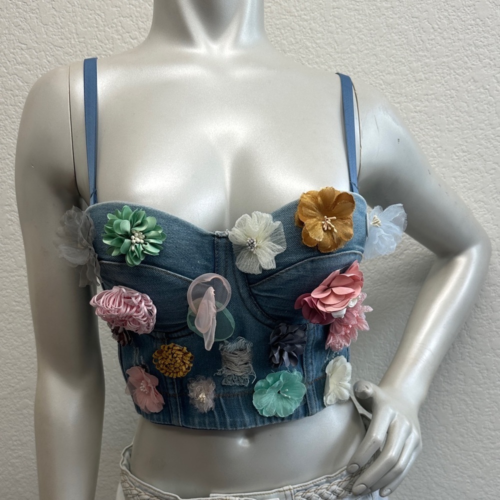 Vintage 90’s Denim Handmade Flowers Corset Camisole Top - Picture 1 of 6